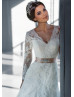 V Neck Ivory Lace Polka Dots Tulle Long Sleeves Wedding Dress